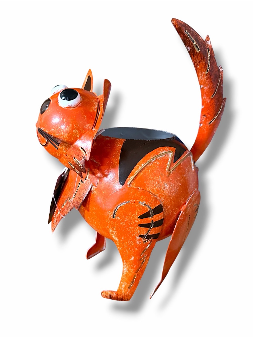 Orange Tabby Cat Planter Metal Whimsical Garden Decor 10.88" Tall Autumn Fall